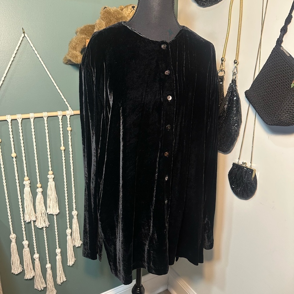 90s Silk Blend Velvet Shirt XL Dark Academia Witchy Button Up Shoulder Pads